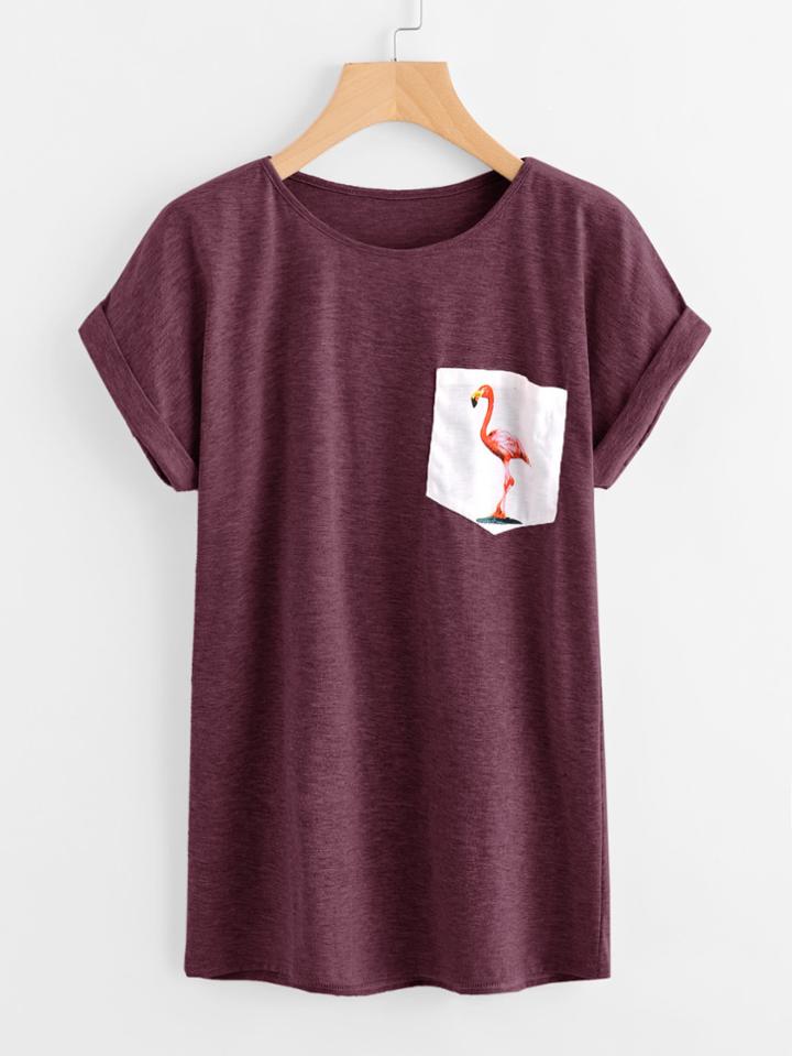 Romwe Contrast Flamingo Print Pocket Marled T-shirt