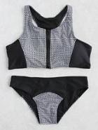 Romwe Two Tone Printed Zipper Up Tankini Set