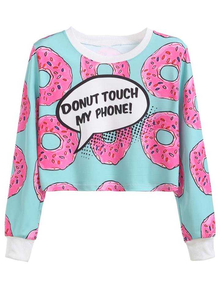 Romwe Contrast Trim Donuts Print Crop Sweatshirt