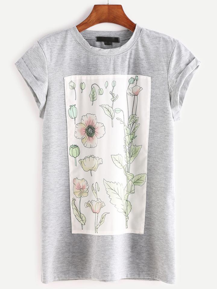Romwe Heather Grey Flower Print Patch Cuffed T-shirt
