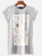 Romwe Heather Grey Flower Print Patch Cuffed T-shirt