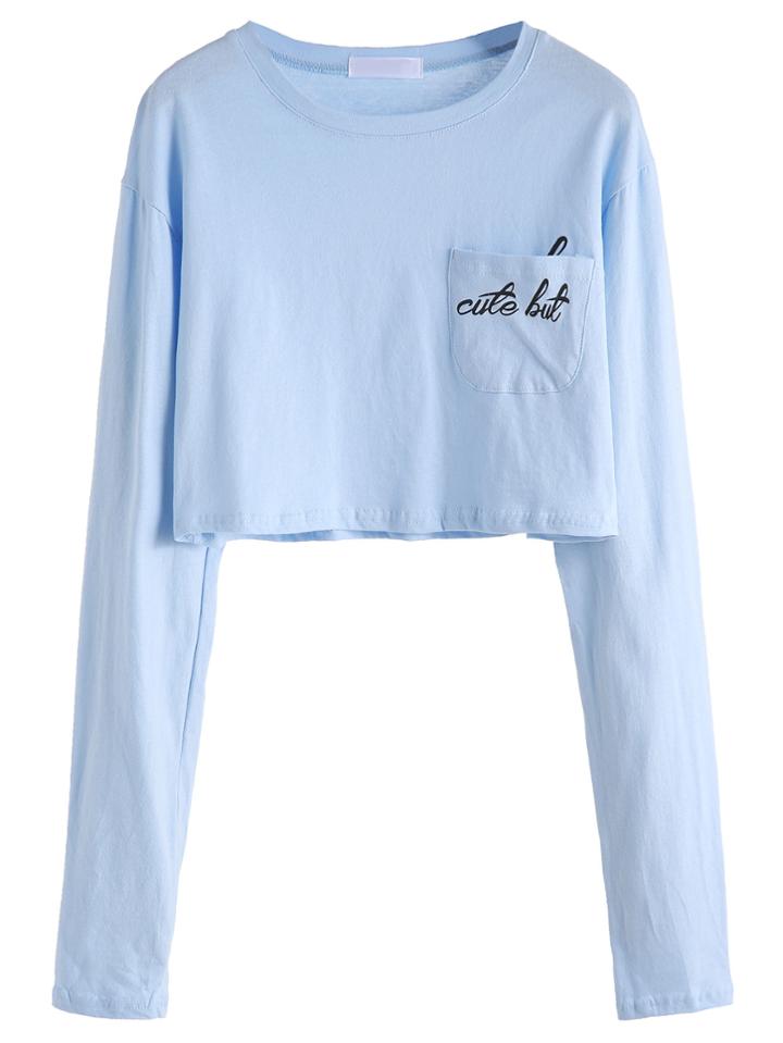 Romwe Light Blue Letter Print Pocket Crop T-shirt