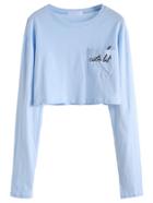 Romwe Light Blue Letter Print Pocket Crop T-shirt