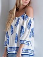 Romwe Cold Shoulder Leaves Print Fringe Shirt