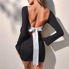 Romwe Contrast Ribbon Tie Back Ribbed Mini Dress