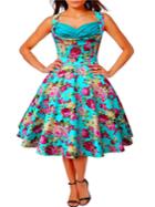 Romwe Blue Flower Print Fit And Flare Dress