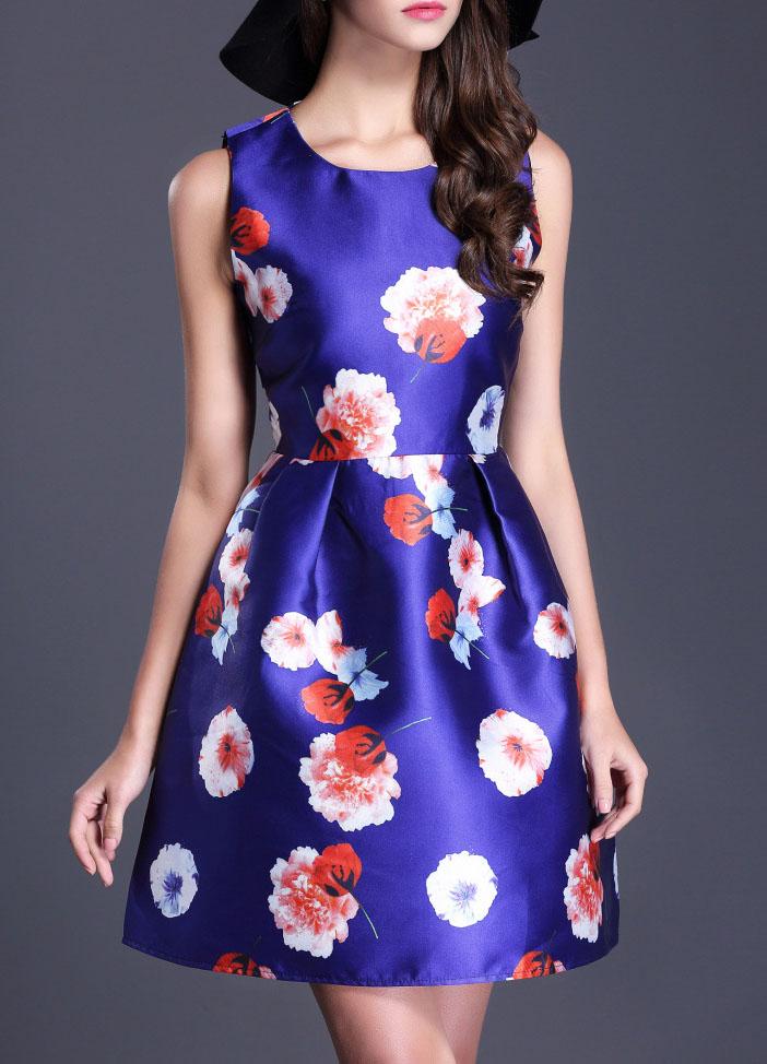 Romwe Round Neck Sleeveless Florals Flare Dress
