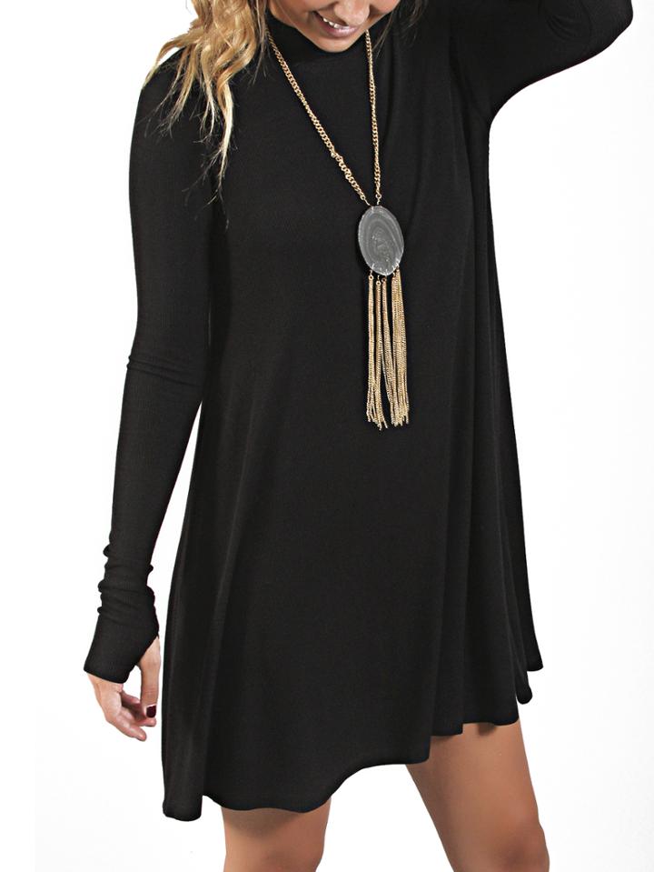 Romwe Women Black Long Sleeve Dress