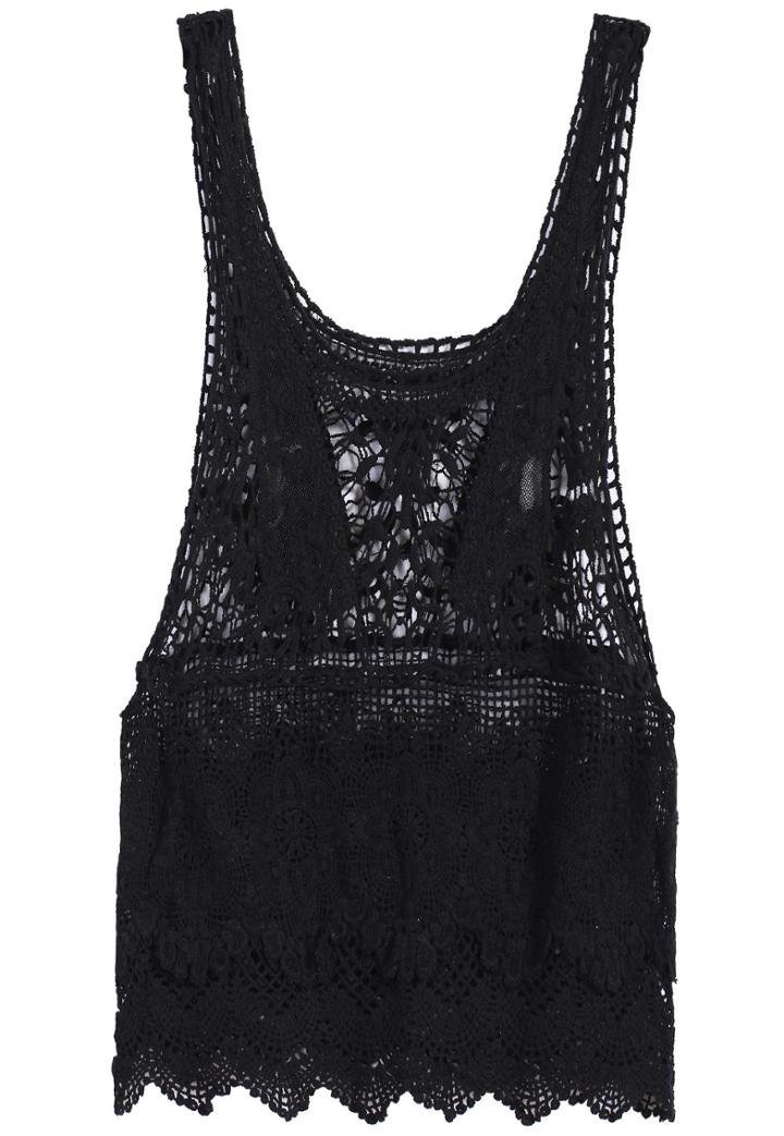 Romwe Scoop Neck Crochet Lace Black Tank Top