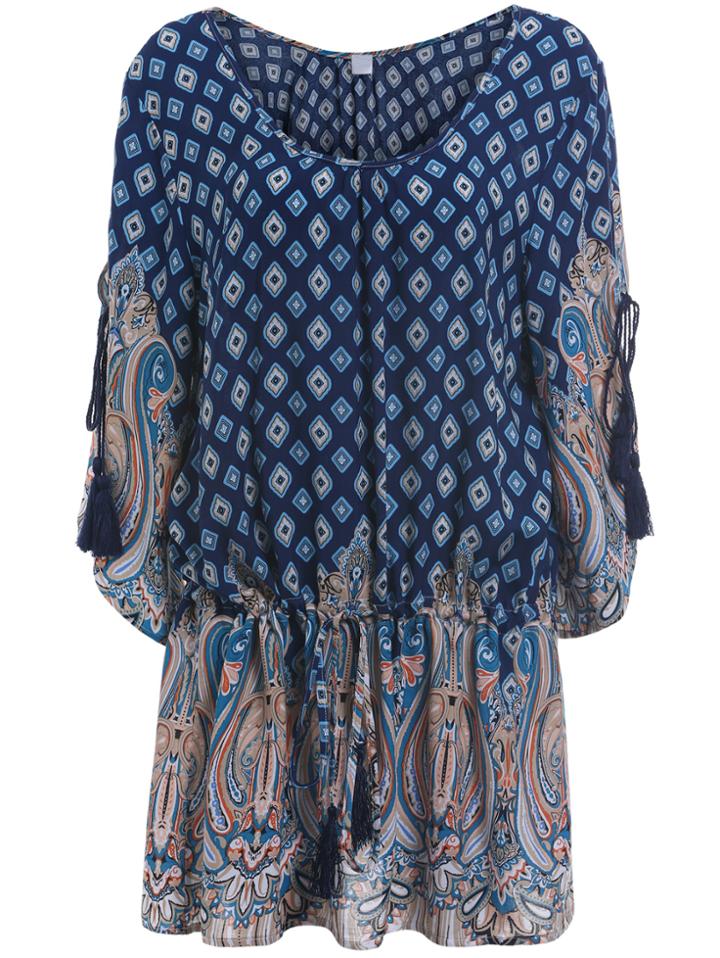 Romwe Butterfly Sleeve Tribal Print Blue Dress