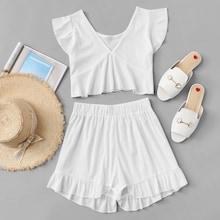 Romwe Solid V Neckline Crop Top With Shorts