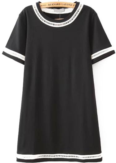 Romwe Contrast Lace Hollow Shift Black Dress