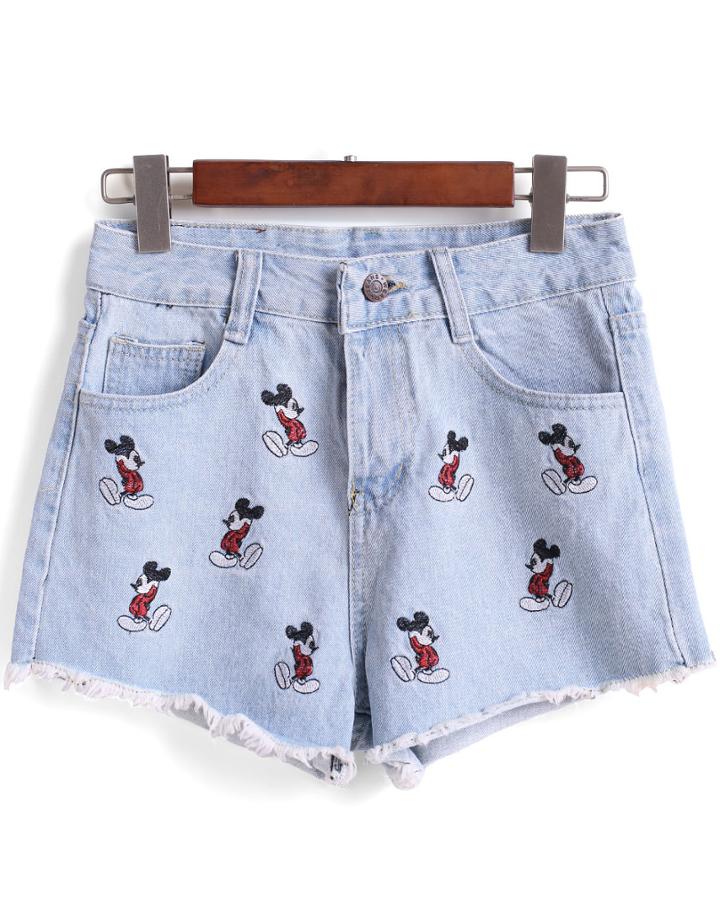 Romwe Mickey Embroidered Fringe Denim Shorts