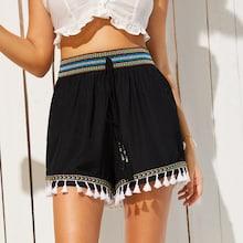 Romwe Embroidered Tape Fringe Hem Shorts