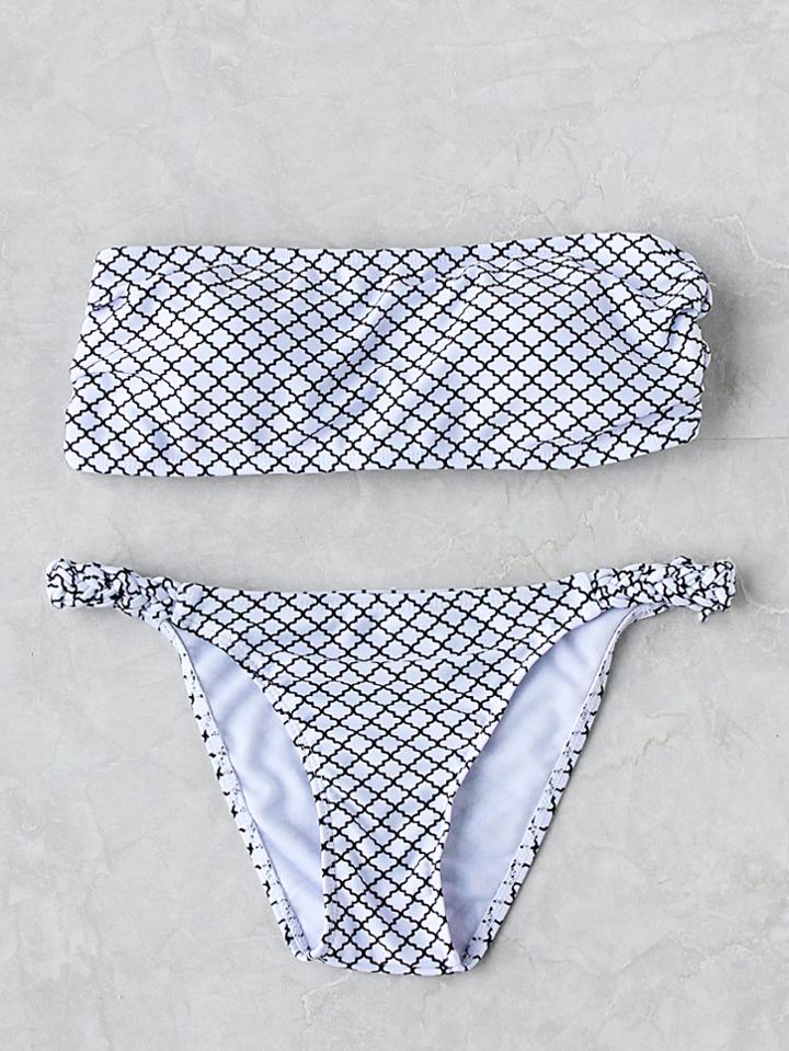 Romwe Printed Braided Detail Bandeau Bikini Set