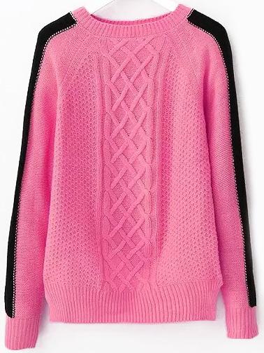 Romwe Round Neck Diamond Pattern Pink Sweater