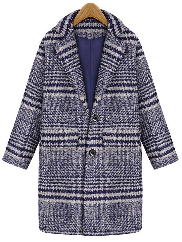 Romwe Lapel Striped Striped Long Blue Coat