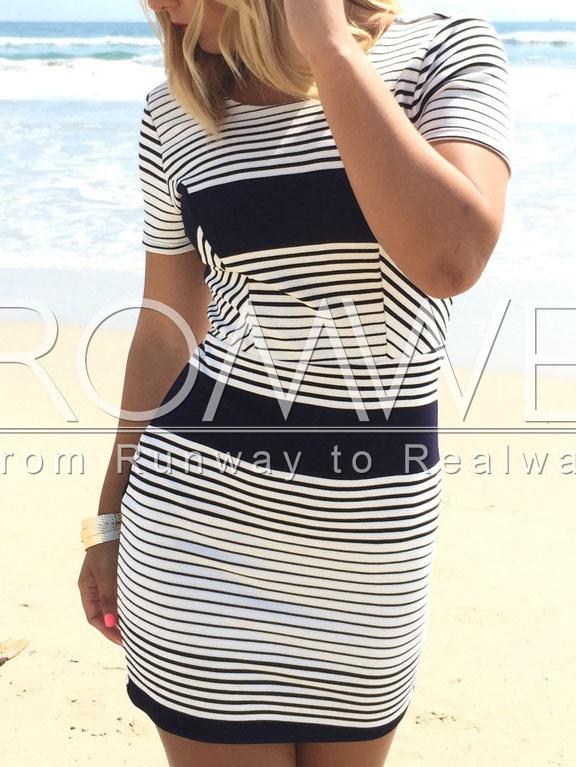 Romwe Black White Color Block Striped Bodycon Dress