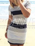 Romwe Black White Color Block Striped Bodycon Dress