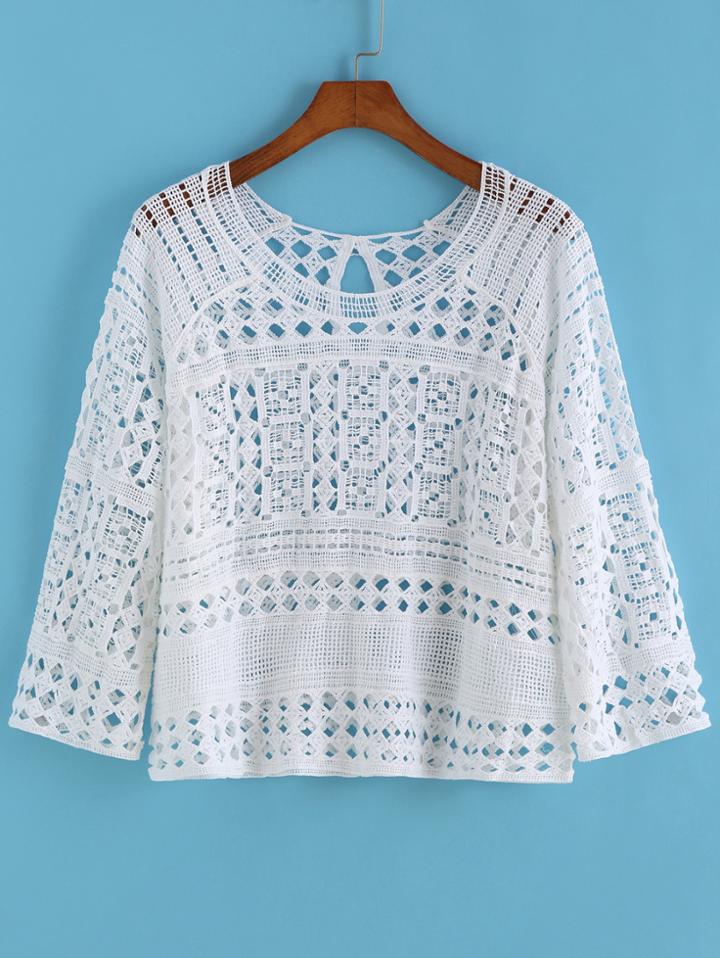 Romwe Long Sleeve Hollow Lace Top