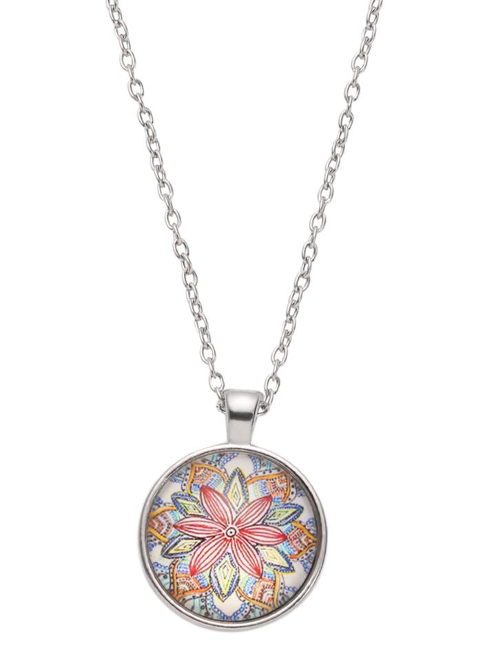 Romwe Silver Flower Print Glass Pendant Necklace