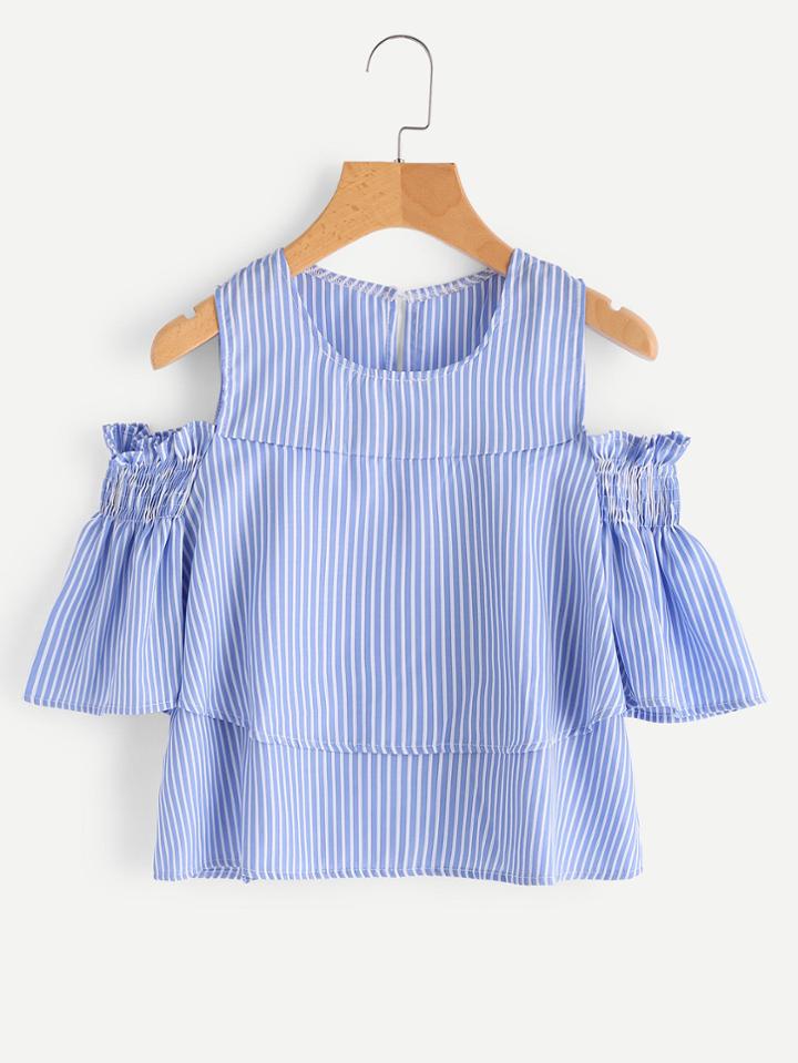 Romwe Open Shoulder Layered Striped Blouse