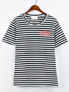 Romwe Striped Letters Embroidered T-shirt
