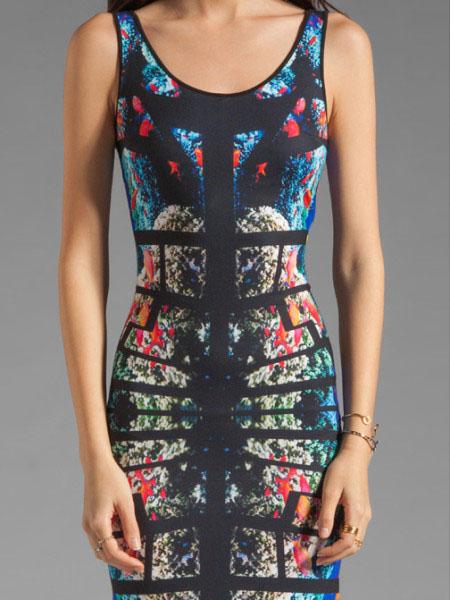 Romwe Sleeveless Abstract Print Sheath Dress