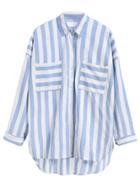 Romwe Blue Striped Dip Hem Shirt With Pockets