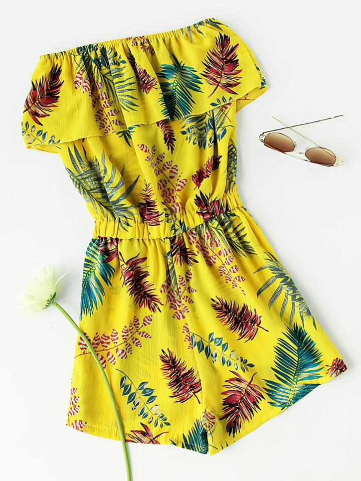 Romwe Flounce Layered Neckline Leaf Print Romper
