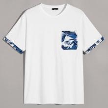 Romwe Guys Tropical Print Pocket Patched Top