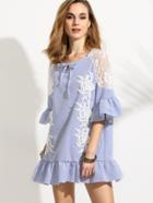 Romwe Blue Vertical Striped Mesh Shoulder Crochet Applique Ruffle Dress