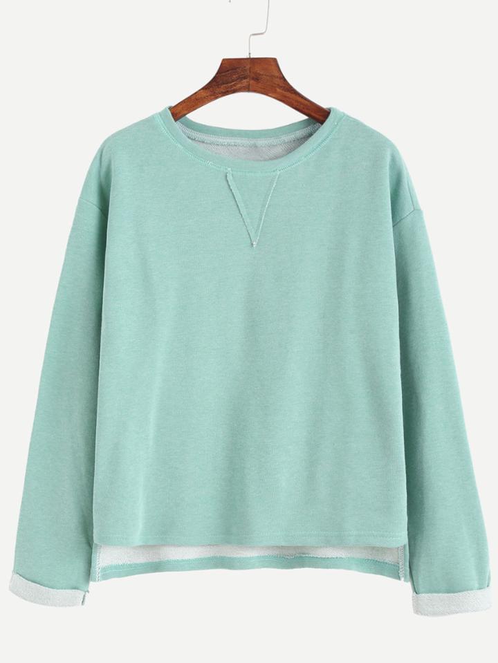 Romwe Green Patch Front Cuffed Sleeve Dip Hem T-shirt