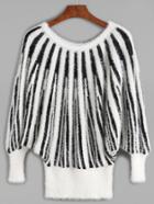 Romwe Contrast Vertical Striped Batwing Sleeve Fuzzy Sweater