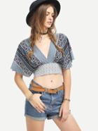 Romwe Multicolor Vintage Print Tie Back Crop Blouse