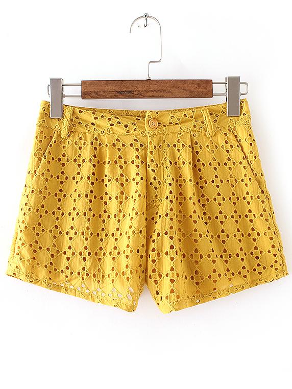 Romwe Yellow Pockets Hollow Mid Waist Shorts