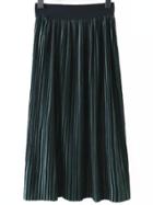 Romwe Dark Green Elastic Waist Pleated Long Skirt