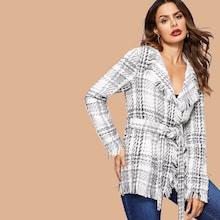 Romwe Frayed Trim Belted Tweed Plaid Coat