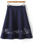 Romwe Navy Embroidery Zipper Side A Line Midi Skirt