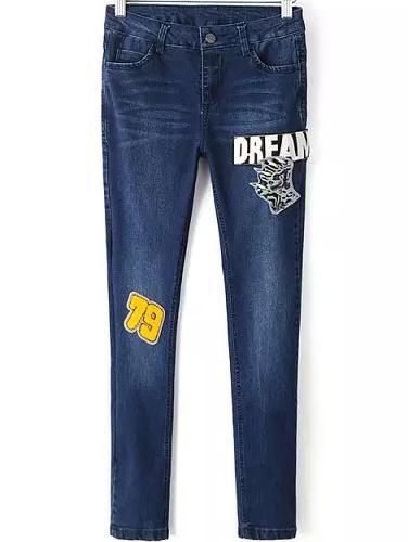 Romwe Patch Denim Slim Pant