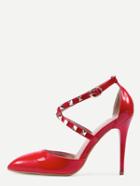 Romwe Red Patent Studded Ankle Strap Heels