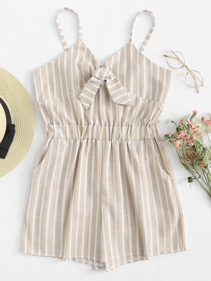Romwe Knot Front Striped Cami Romper