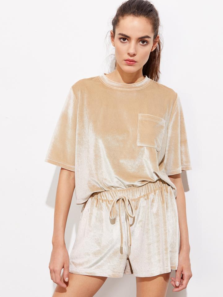 Romwe Patch Pocket Front Velvet Tee And Shorts Set