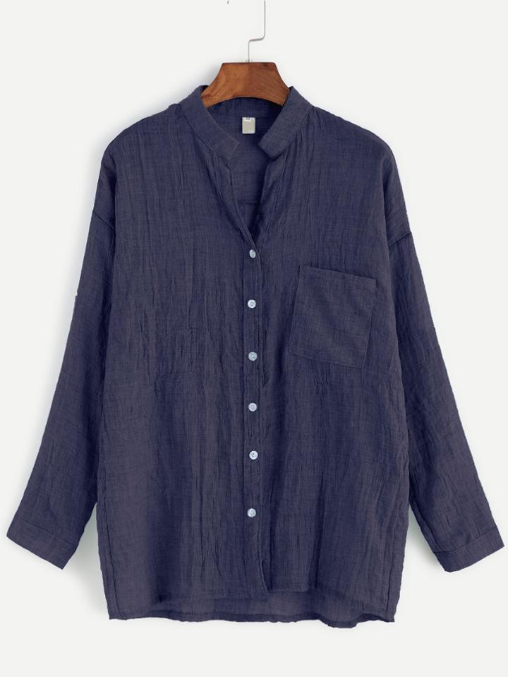 Romwe Navy Band Collar Drop Shoulder Pocket Blouse