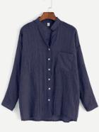 Romwe Navy Band Collar Drop Shoulder Pocket Blouse