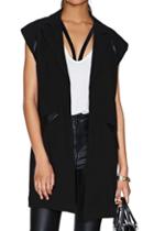 Romwe Pu Panel Sleeveless Buttonless Black Coat