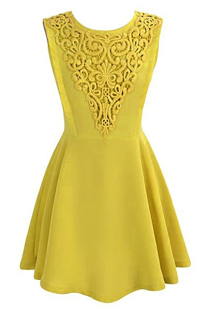 Romwe Romwe Embroidery Round Neck Sleeveless Pleated Yellow Dress