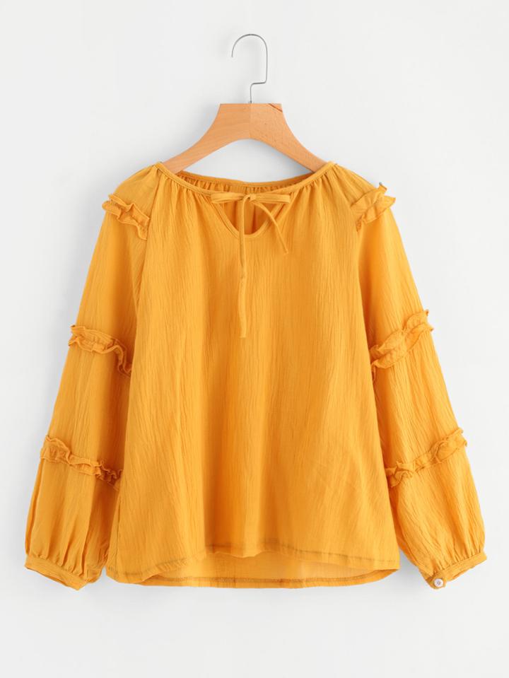 Romwe Self Tie Neck Frill Trim Pleated Blouse