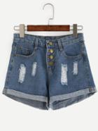 Romwe Buttoned Fly Distressed Roll Hem Blue Denim Shorts
