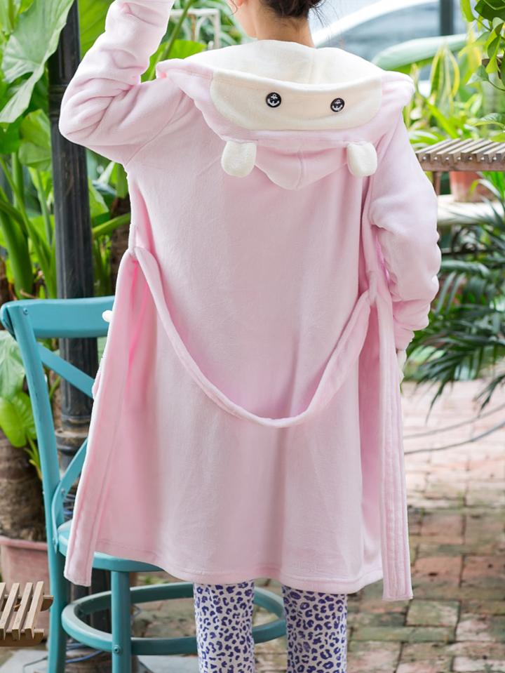 Romwe Cartoon Self Tie Plush Hooded Robe